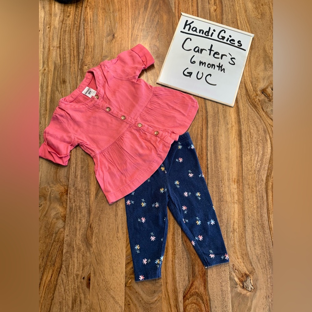 Carter's Coral Button-Up Top and Navy Floral Leggings